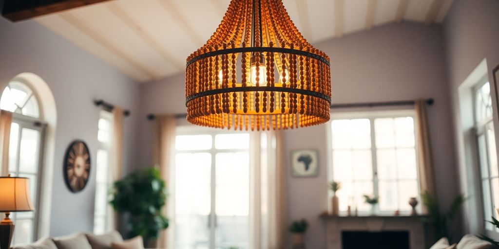 Elegant wood bead chandelier illuminating a stylish living room.
