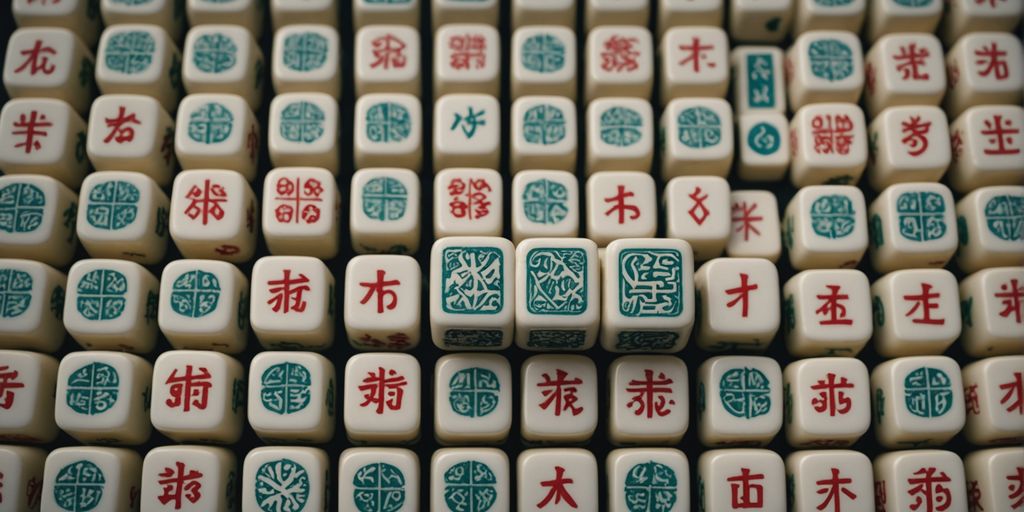 Close-up of Mahjong tiles showing numbers and symbols.