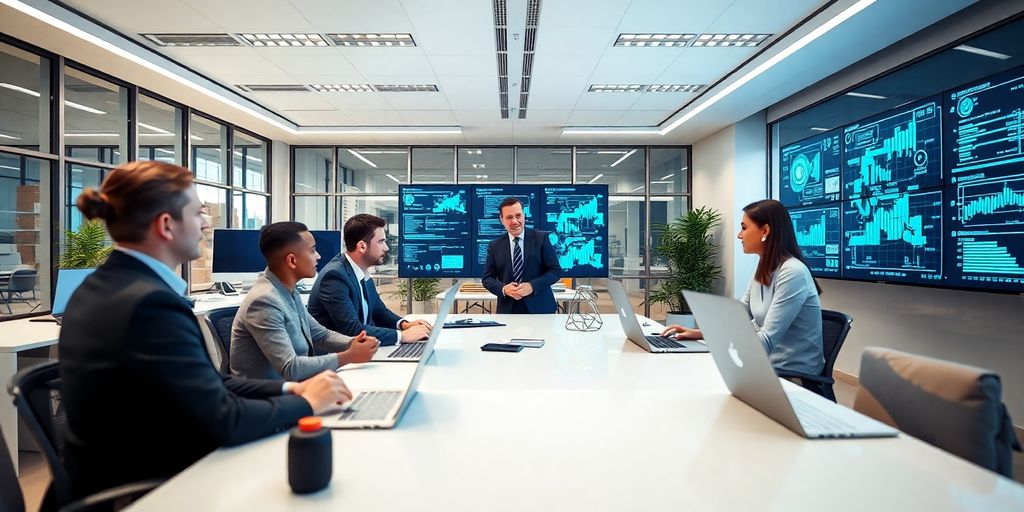 Profissionais discutindo em escritório moderno com tecnologia.
