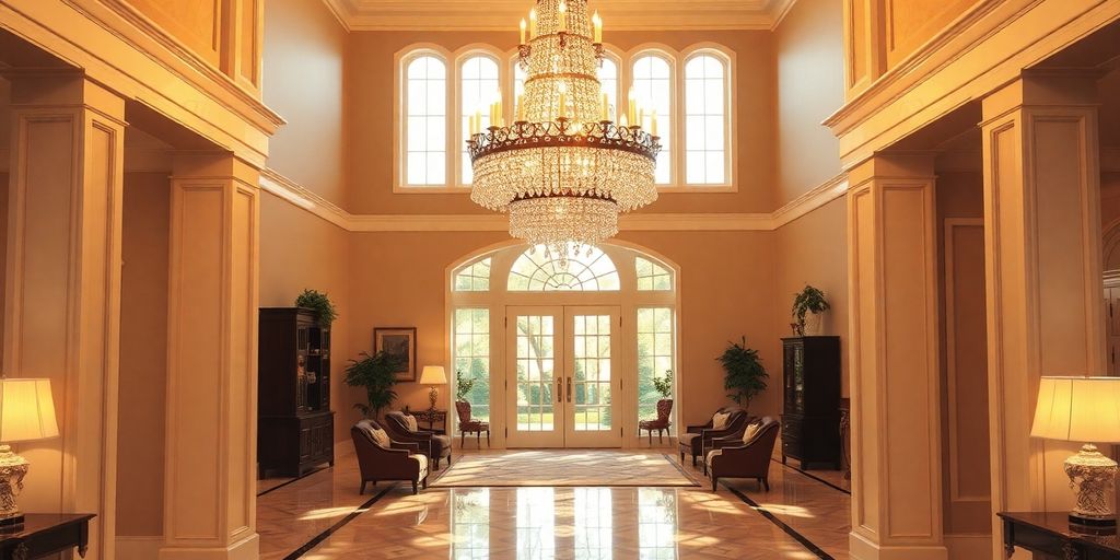 Gleaming chandelier illuminating a luxurious living room.