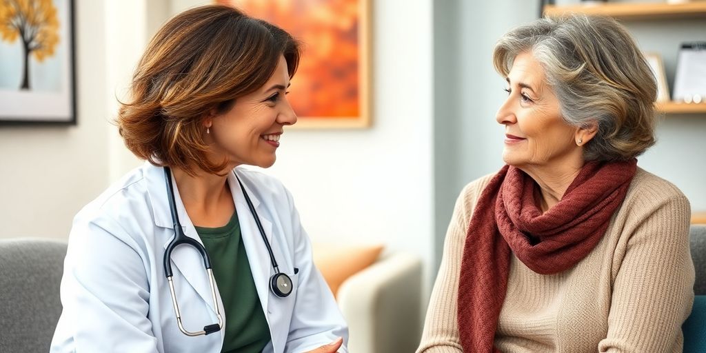 Médica conversando com paciente sobre menopausa.