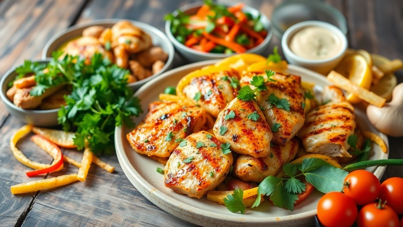 Colorful low fat chicken dishes on a wooden table.