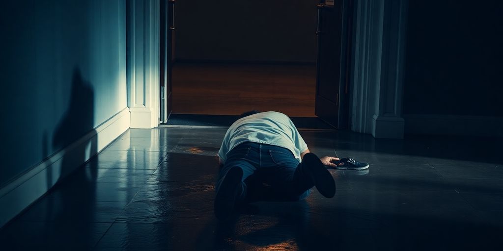 Person falling on a wet floor in a dimly lit building.