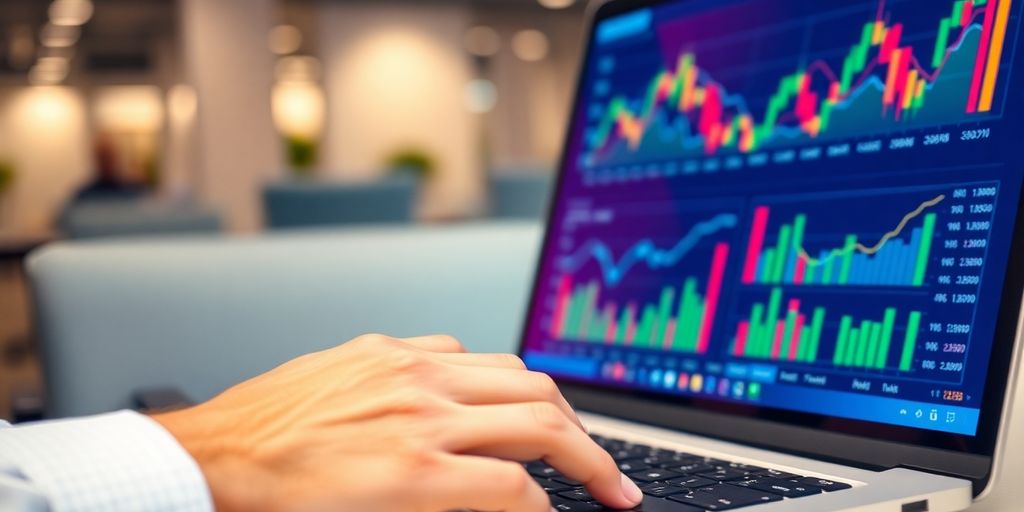 Person on laptop, financial charts