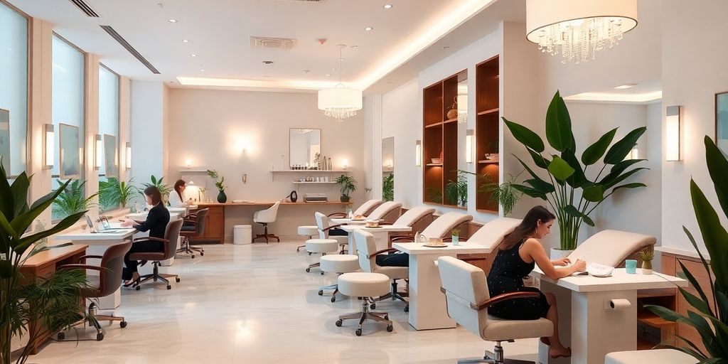Ambiente de spa de unhas com clientes relaxando.