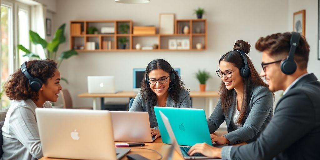 Diverse individuals working remotely in a home office.