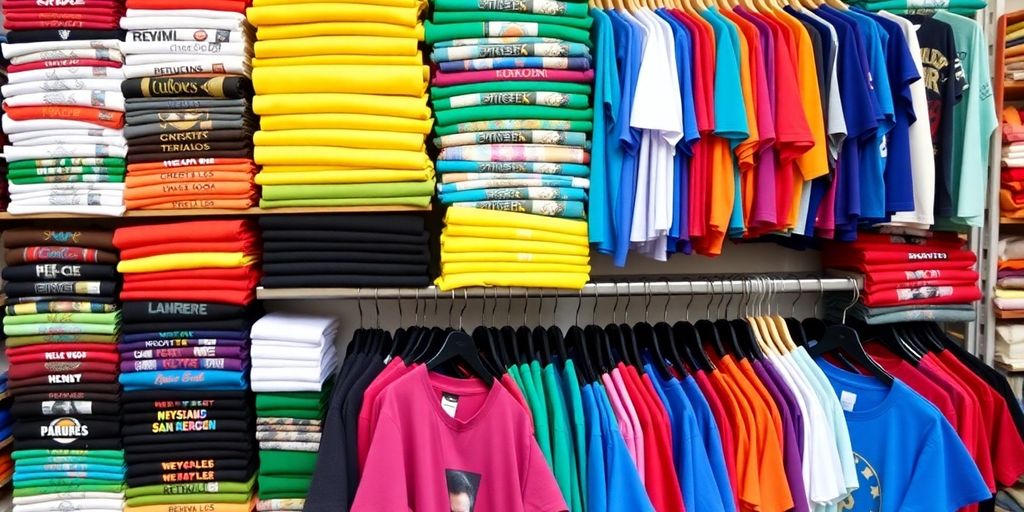 Colourful T-shirts displayed on shelves and hangers.