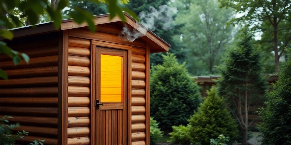 Cozy backyard sauna with steam rising.