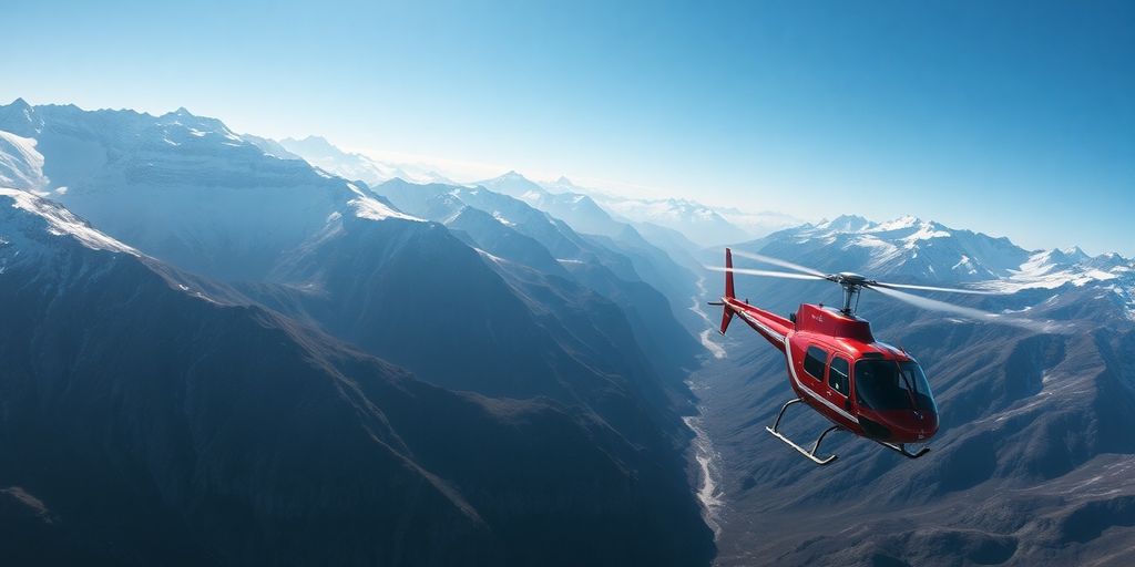 Helicopter flying over a vast, snow-covered Alaskan mountain range.