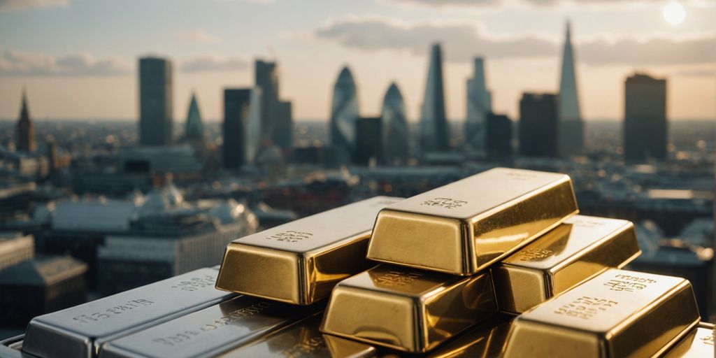 Gold and silver bars with London skyline