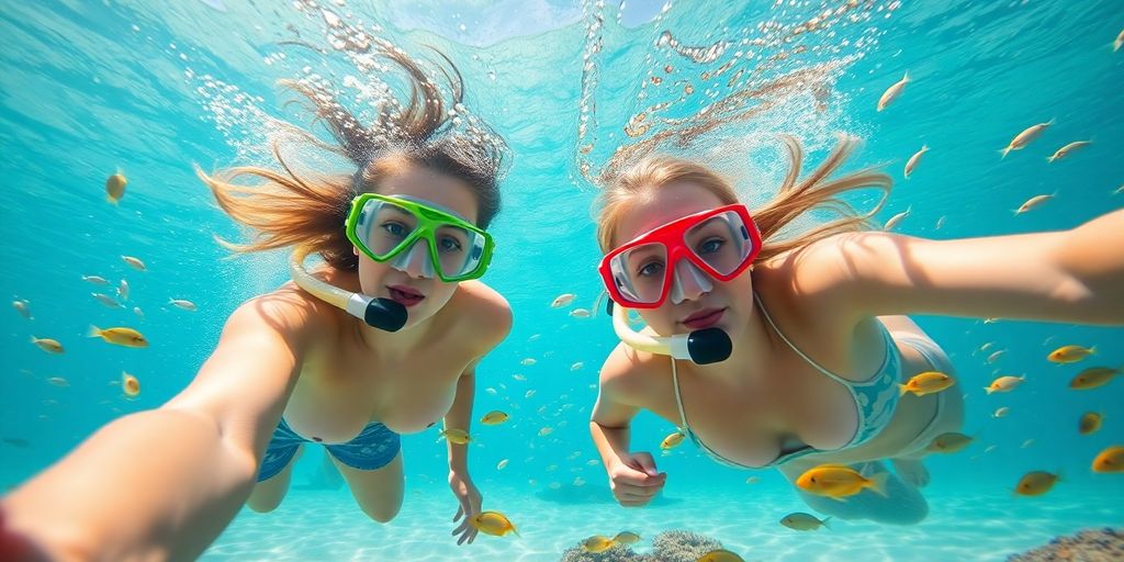 Snorkelers swim among colorful fish in clear Cabo waters.