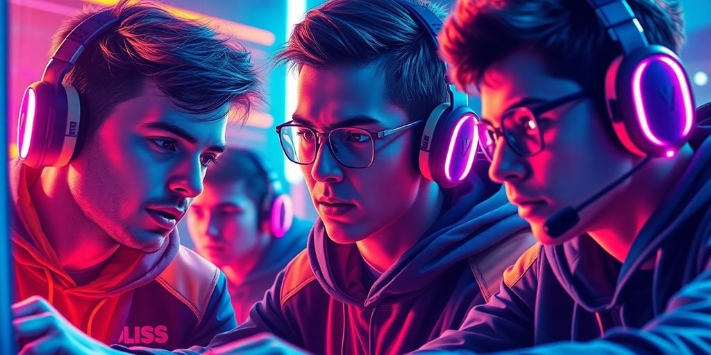 Elite esports players in intense, neon-lit gaming action.