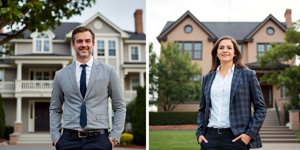Broker and agent shaking hands in front of a modern house.