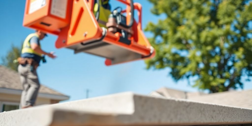 Workers lifting concrete slabs in a residential area.