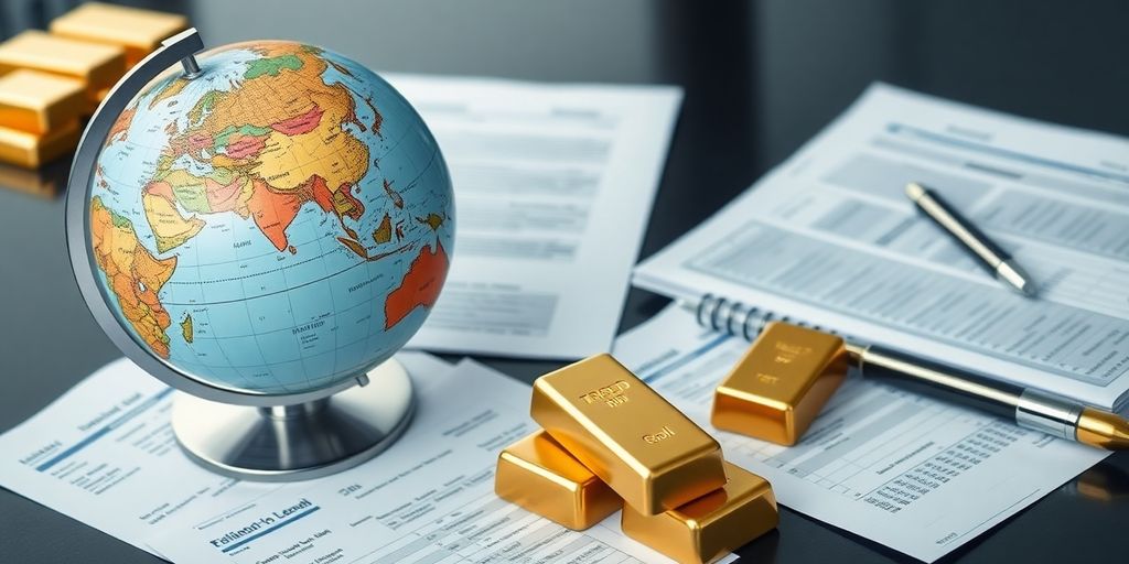 Image de globe, lingots d'or et documents financiers.