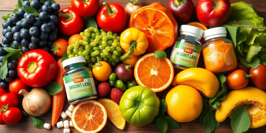 Colorful fruits and supplements for non-GMO weight loss.