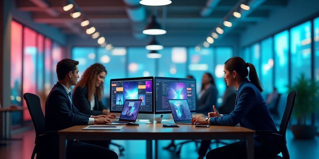 Profissionais de marketing digital em ambiente moderno.