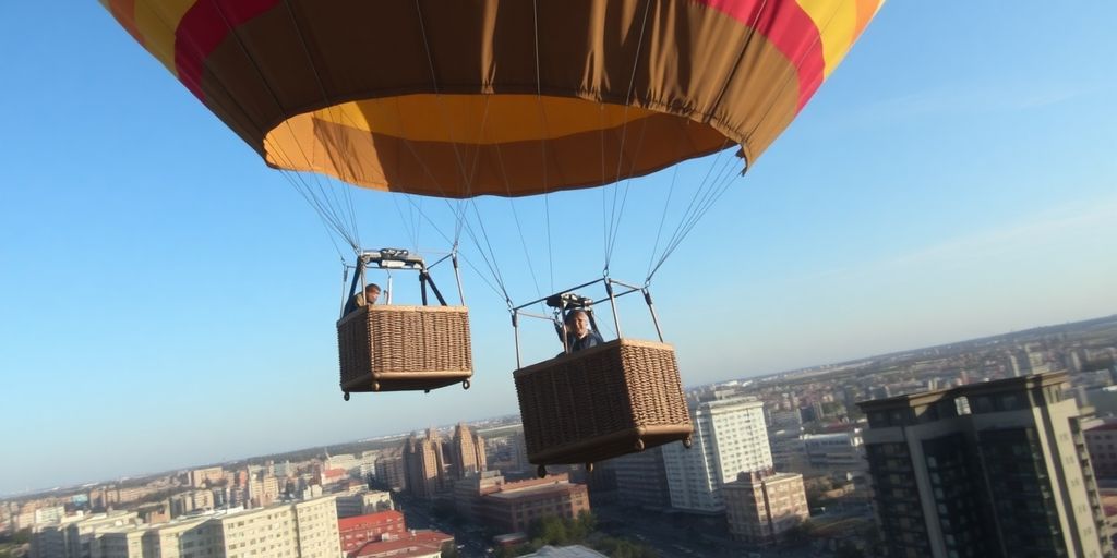 Montgolfière en difficulté au-dessus d'une ville