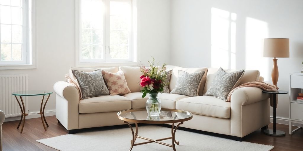 Stylishly decorated living room, natural light, comfy couch.