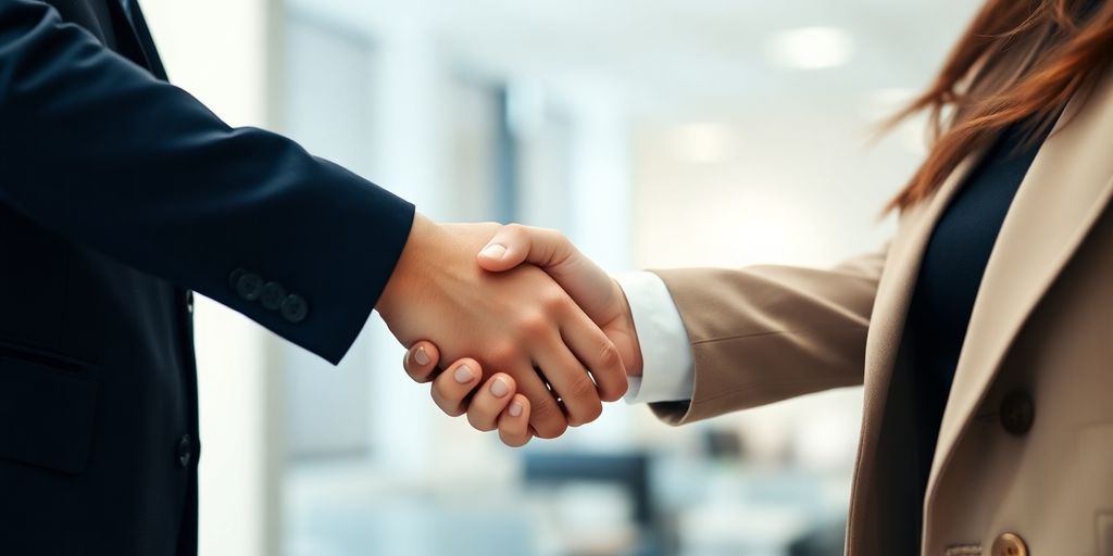 Two people shaking hands, blurred office background.