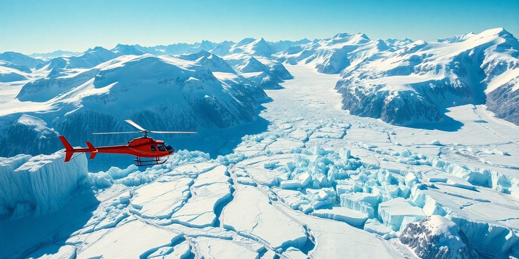Orange helicopter flying over snowy blue crevassed glacier and mountains