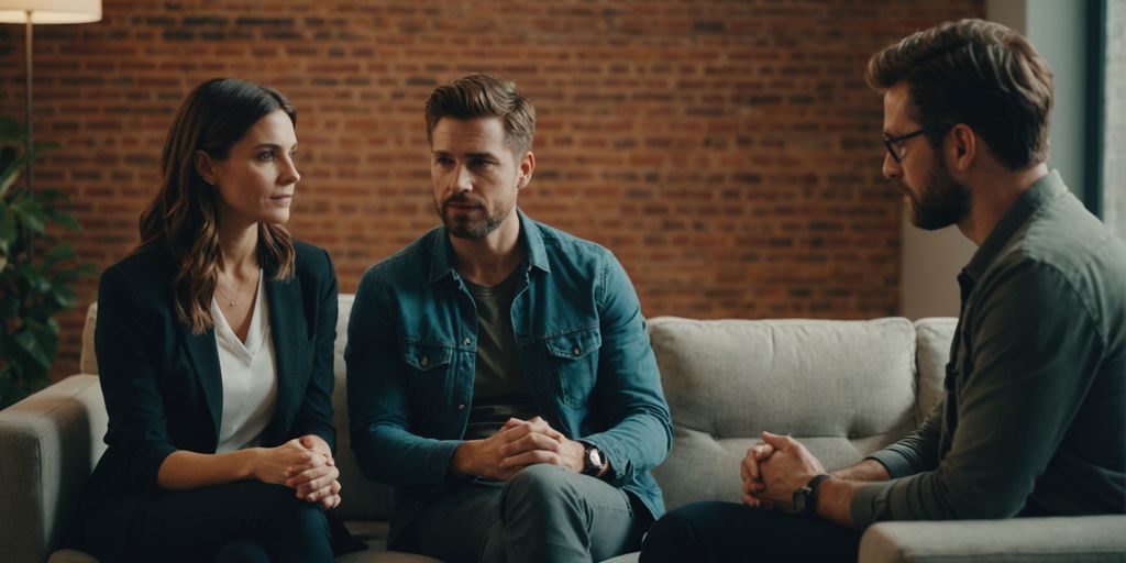 Couples in therapy discussing polyamorous relationship dynamics.