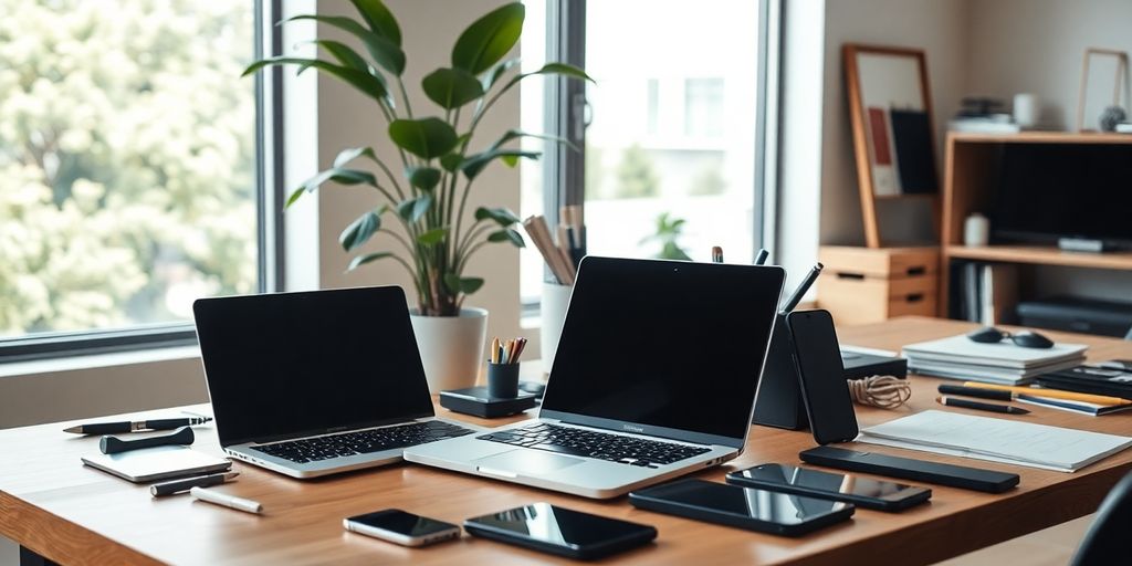 Modern workspace with gadgets for efficiency and productivity.