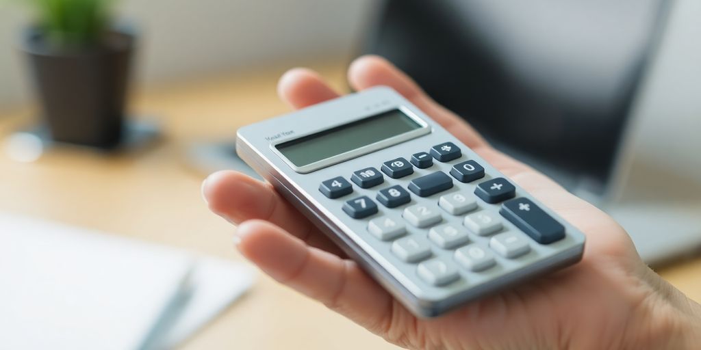 Close up of a hand holding a calculator.