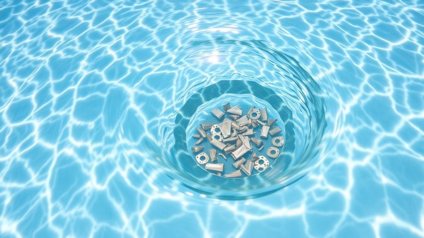 Pool skimmer collecting leaves from sparkling blue water