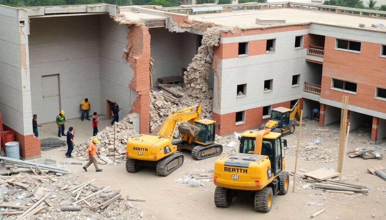 Construction workers demolishing walls at a school site.