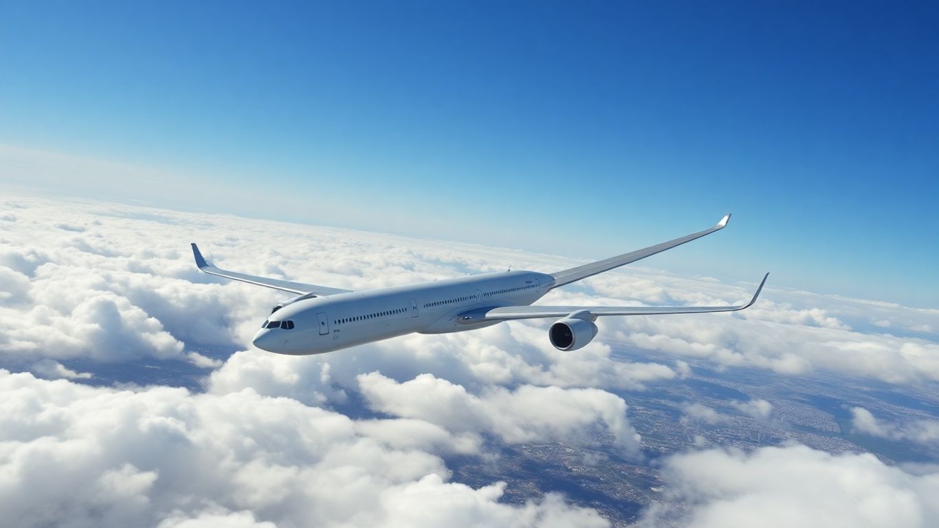 Airplane flying over clouds toward European city skyline.