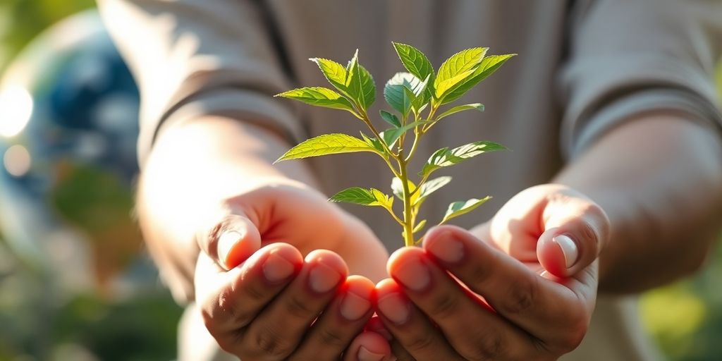 Green leaves, earth globe, gentle light, hands.