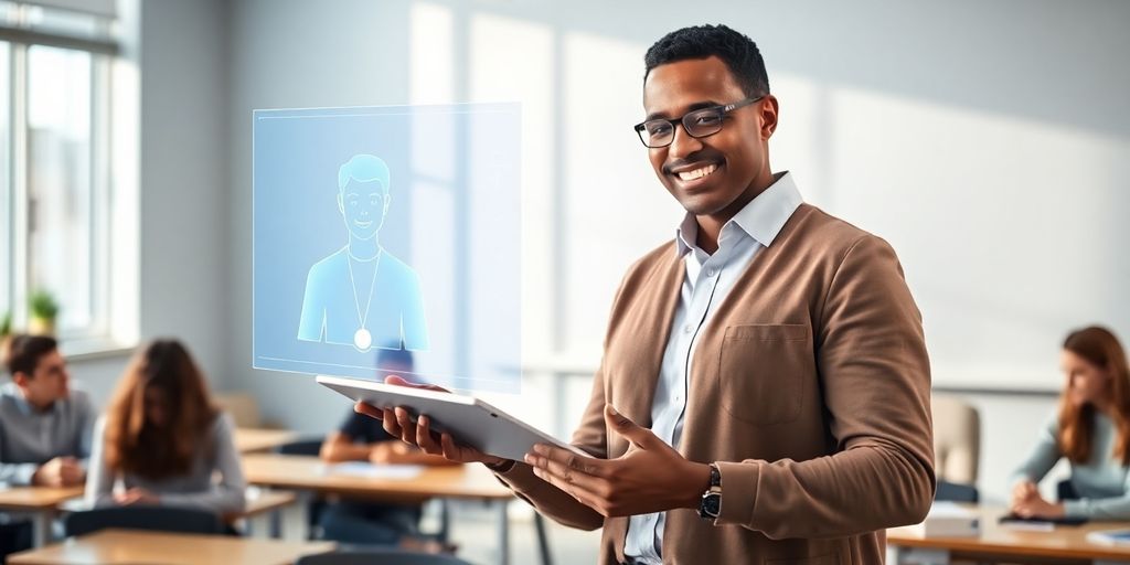 Teacher interacting with virtual assistant in classroom.
