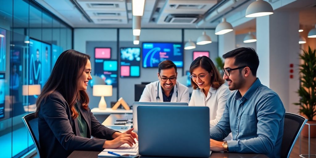 Profissionais de marketing digital em ambiente moderno.