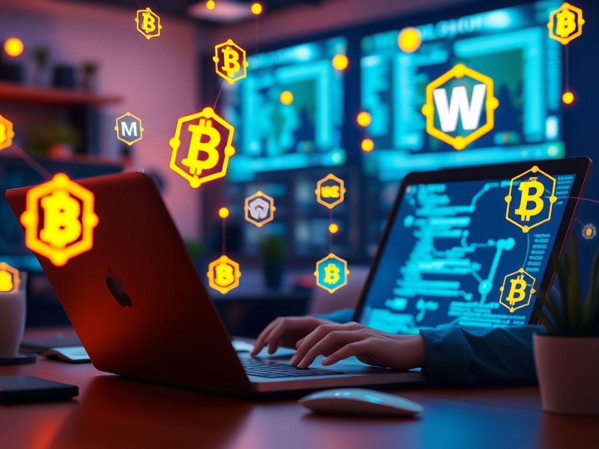 Developer creating dApps with blockchain icons in background.