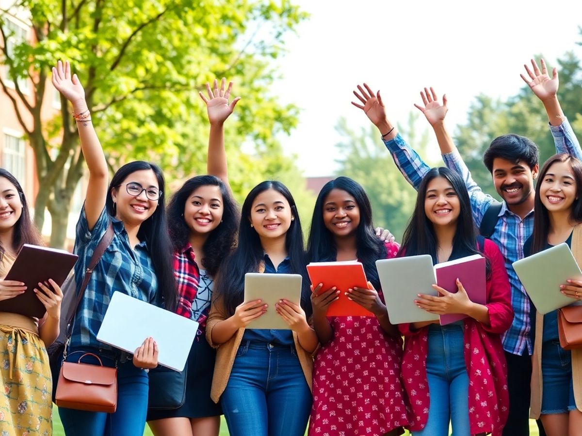 Diverse students celebrating academic success outdoors with books.