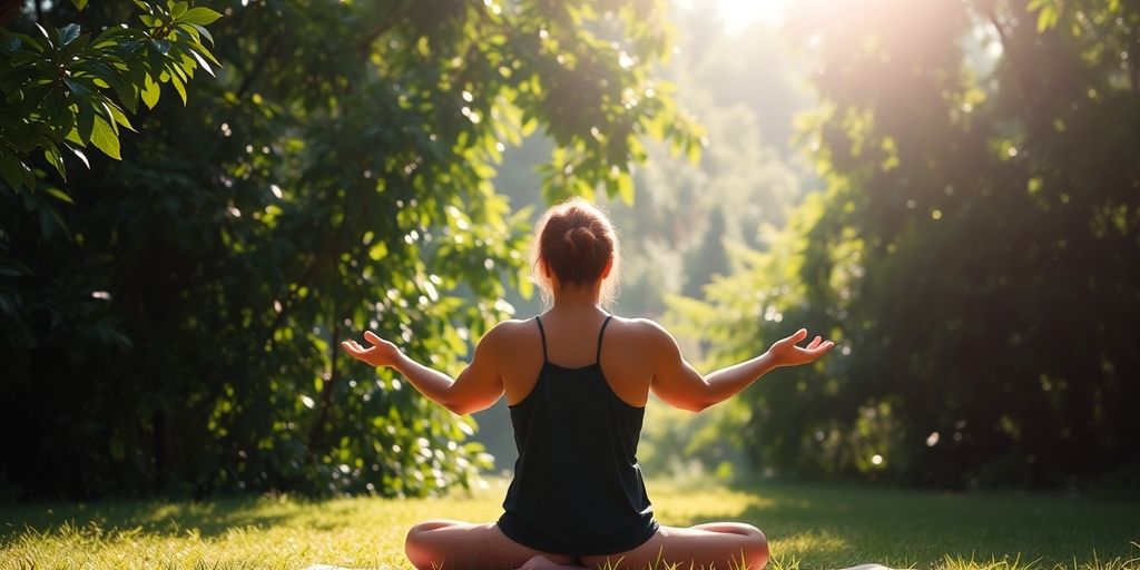 Person meditating peacefully in a serene natural setting.