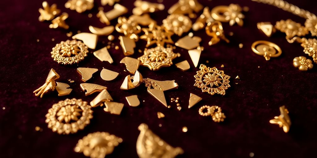 Bijoux en or cassés sur un fond en velours.
