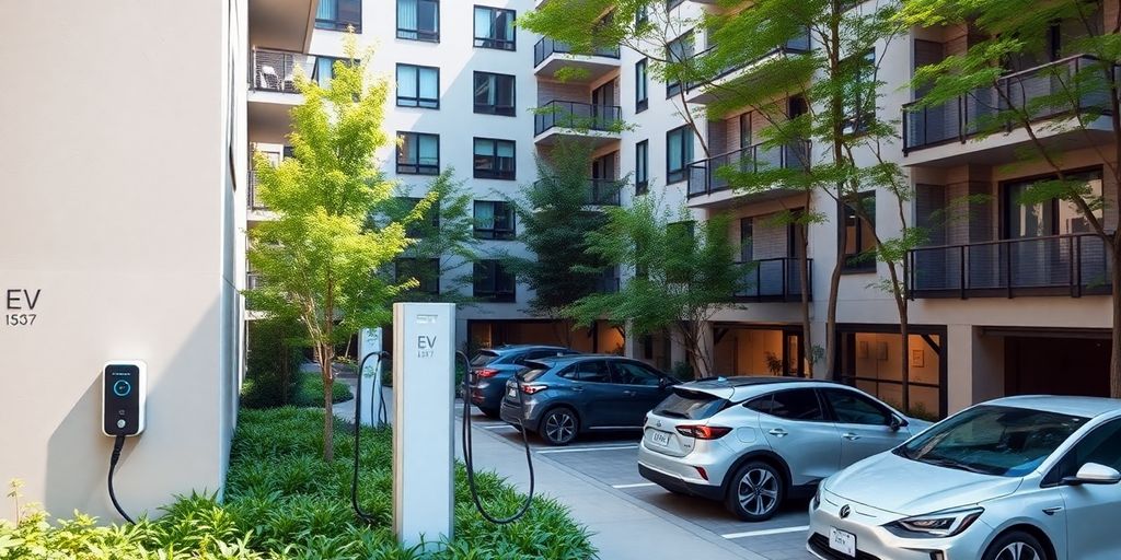 Apartment complex with electric vehicle charging stations.