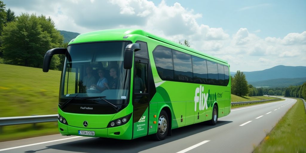 Flixbus auf malerischer Strecke mit Passagieren.