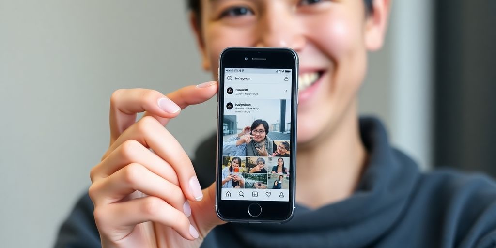 Persoon glimlacht, houdt smartphone met Instagram-feed vast.
