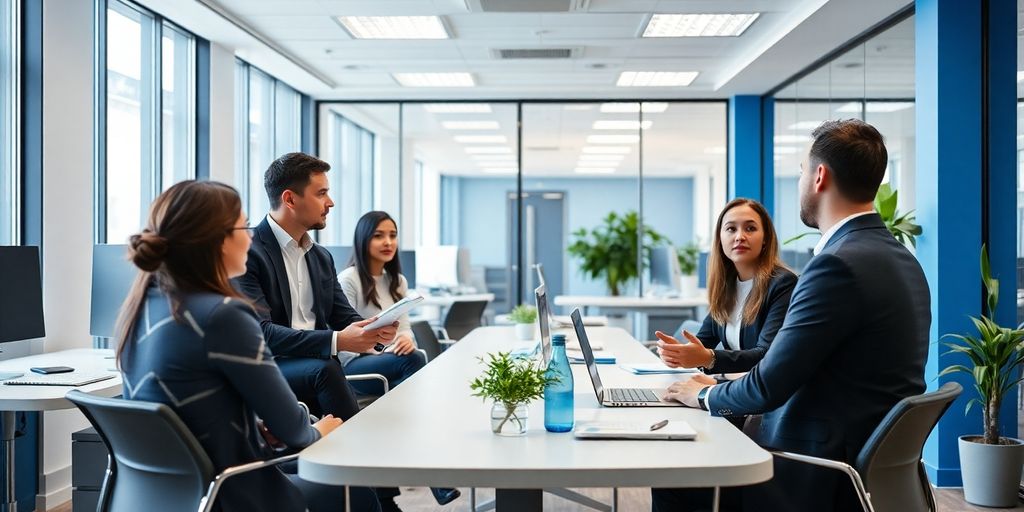 Professionelle Büro Szene mit dezenten blauen Akzenten.