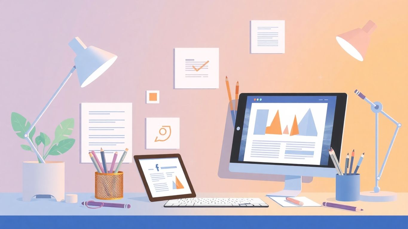 Illustrasjon av kreativ arbeidsplass for annonsetekster.