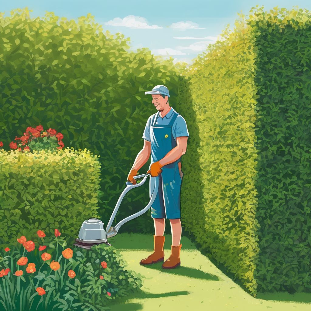 gardener trimming hedges in a sunny garden