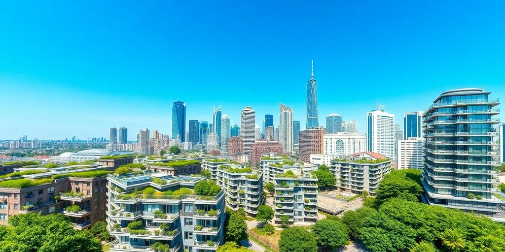 Futuristic smart apartments in a modern city skyline.