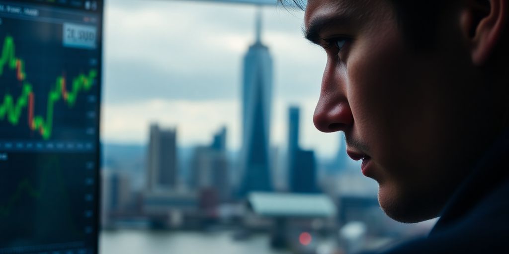 Person pondering financial decisions against a city backdrop.