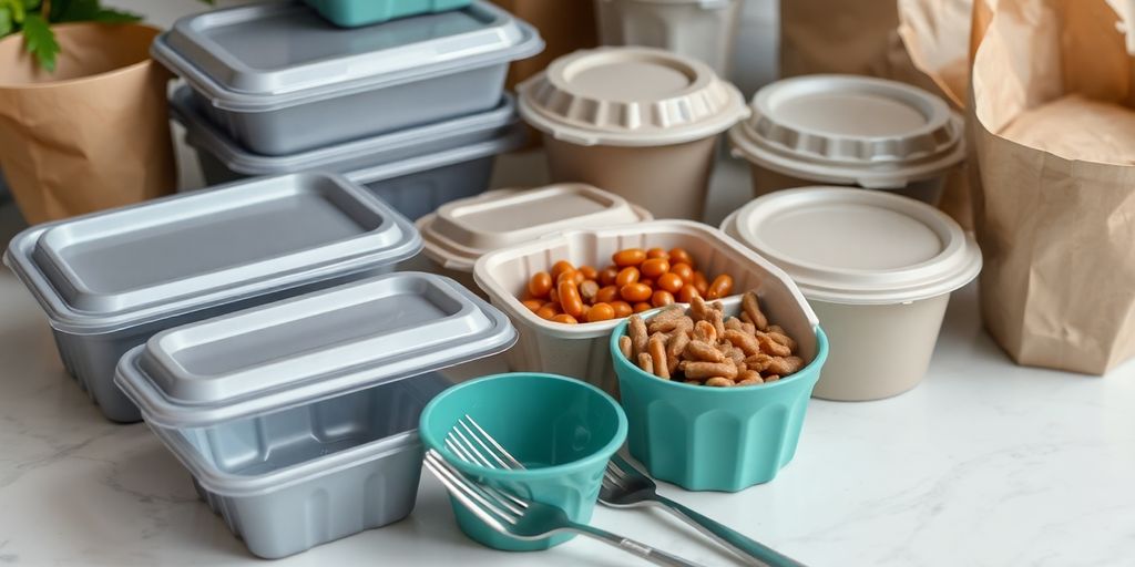 Biodegradable food containers stacked neatly.