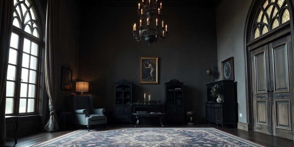 Dark, ornate gothic living room interior.