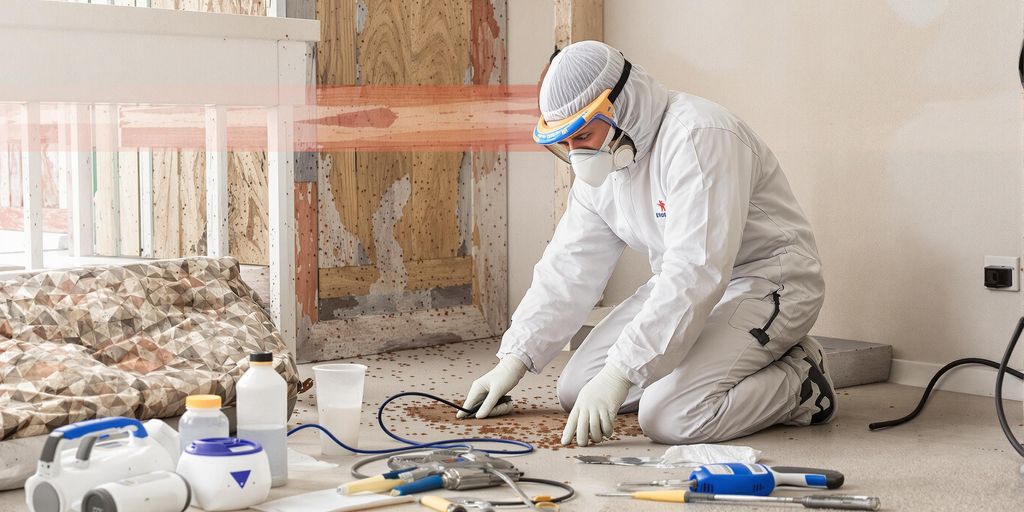 Tehnician în acțiune, combatând ploșnițele dintr-o locuință.