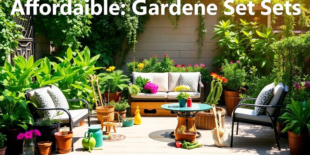 Gartenset mit Blumen und Werkzeugen im Freien.